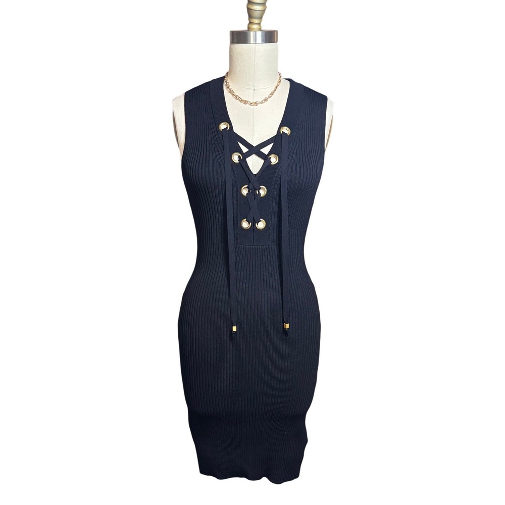 Lace Up Grommet Michael Kors Ribbed Knit Sheath Dress XS Black